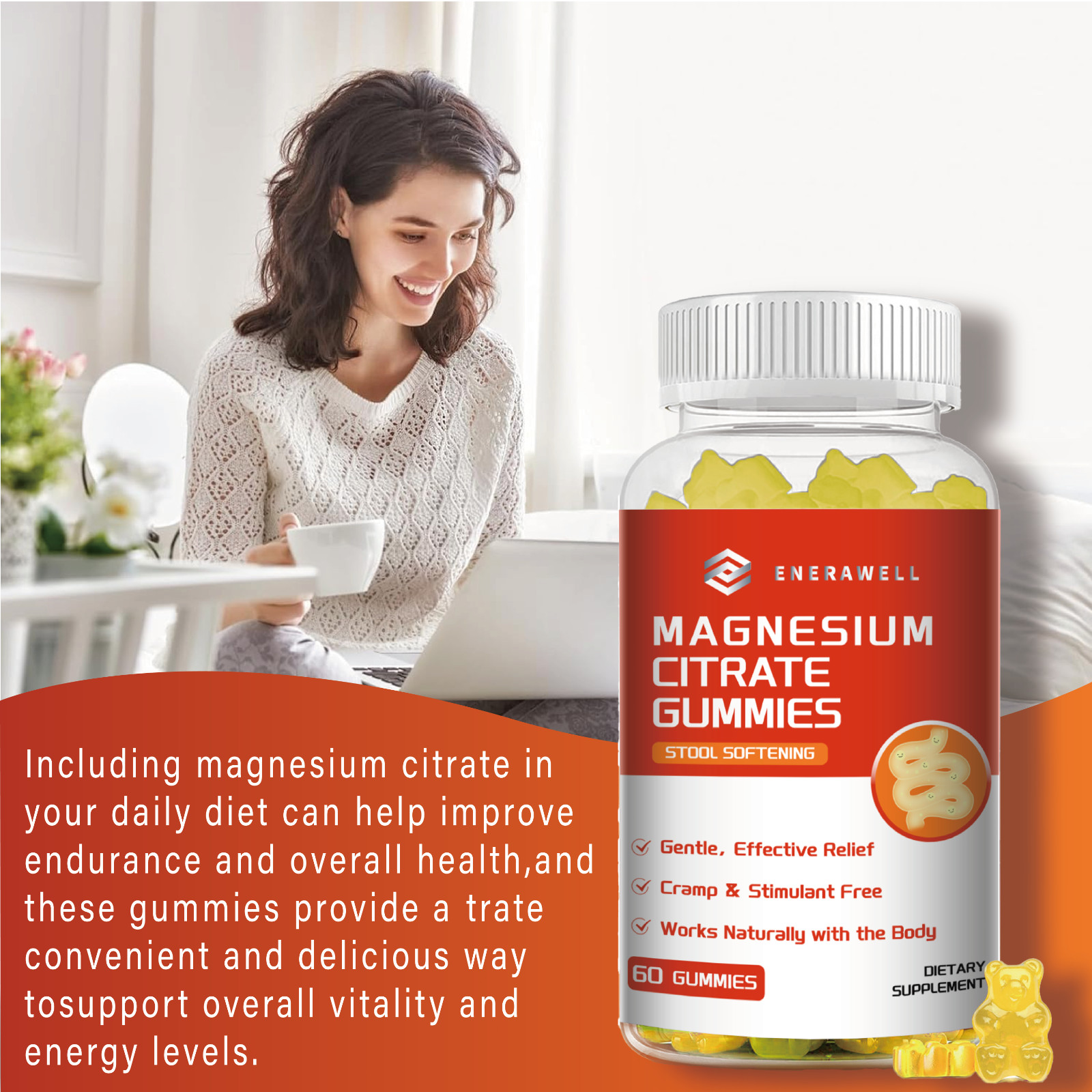 ENERAWELL Magnesium Citrate 600mg, 30 Servings, 60 Gummies -Non-GMO | 02/07/2027