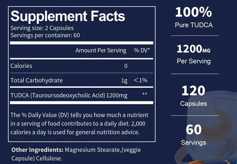 TUDCA Bile Salts 1200mg (Tauroursodeoxycholic Acid), organic Formula 120Caps