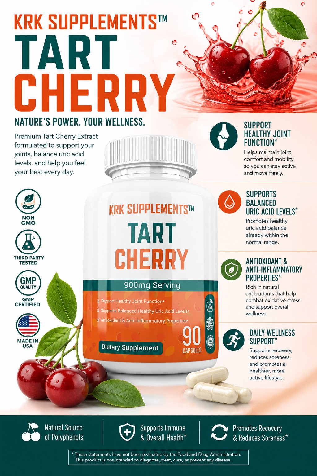 1 Tart Cherry Extract 900mg Gout Joint Pain Arthritis Supplements Anthocyanins