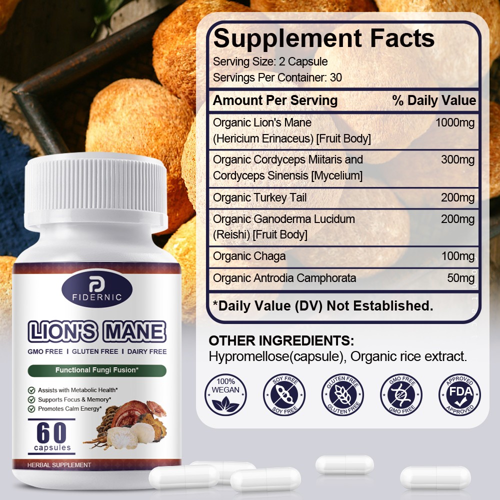 60 PCS Lions Mane Mushroom Supplement -Immune Support ，MEMORY, FOCUS, STRESS AID