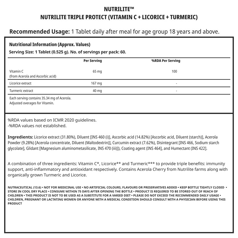 NUTRILITE Triple Protect | Vitamin C Licorice Turmeric | Herbal Mix | 60 Tablets