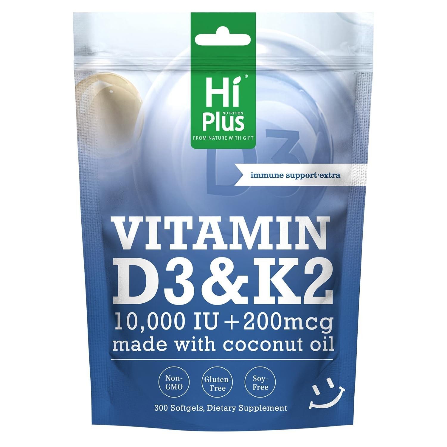 Hiplus Vitamin D3 10,000 Iu + K2 200 Mcg, 300 Softgels 300 Count (pack of 1)
