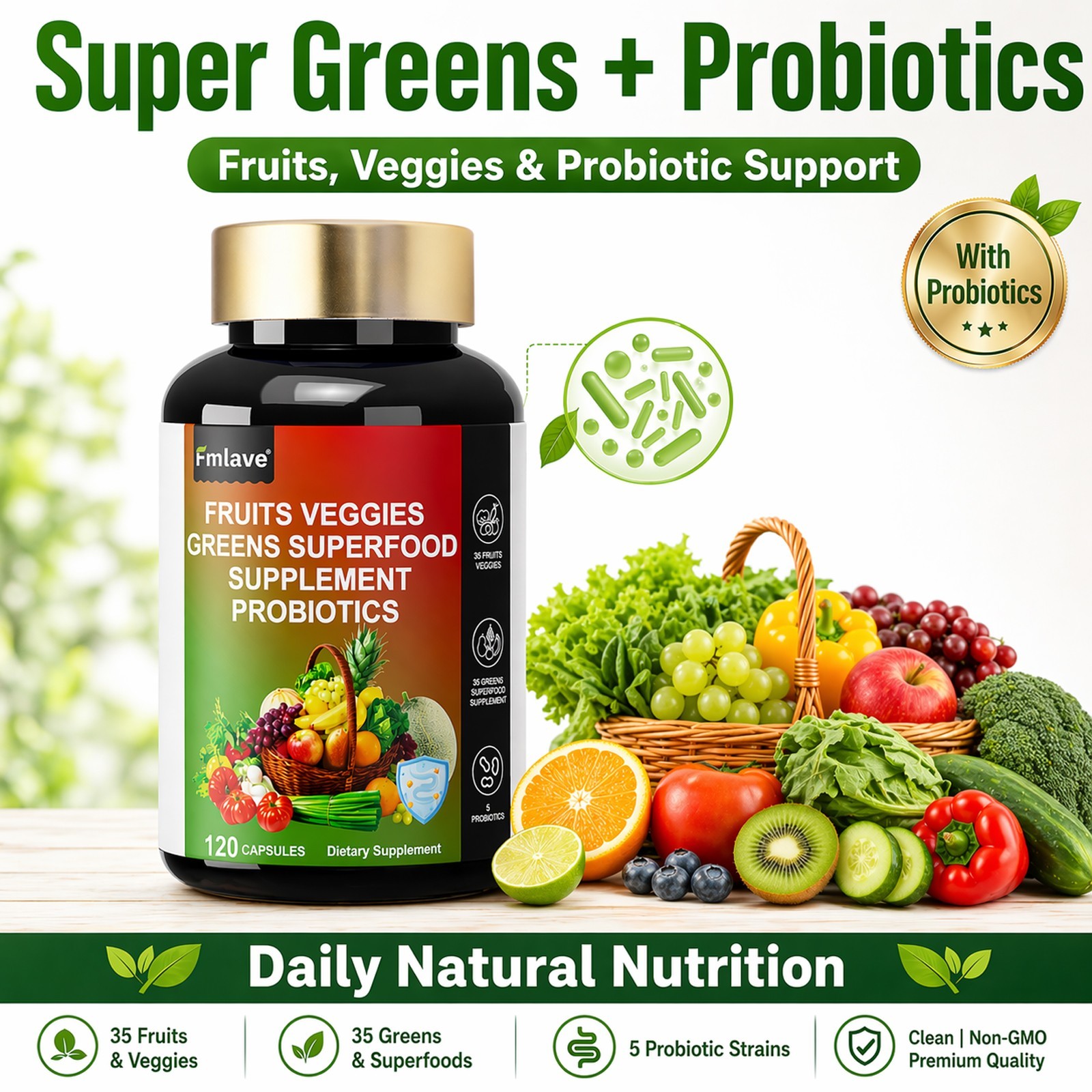 Super Fruit & Vegetable Supplements – Organic Whole Superfood & Probiotics 120ct