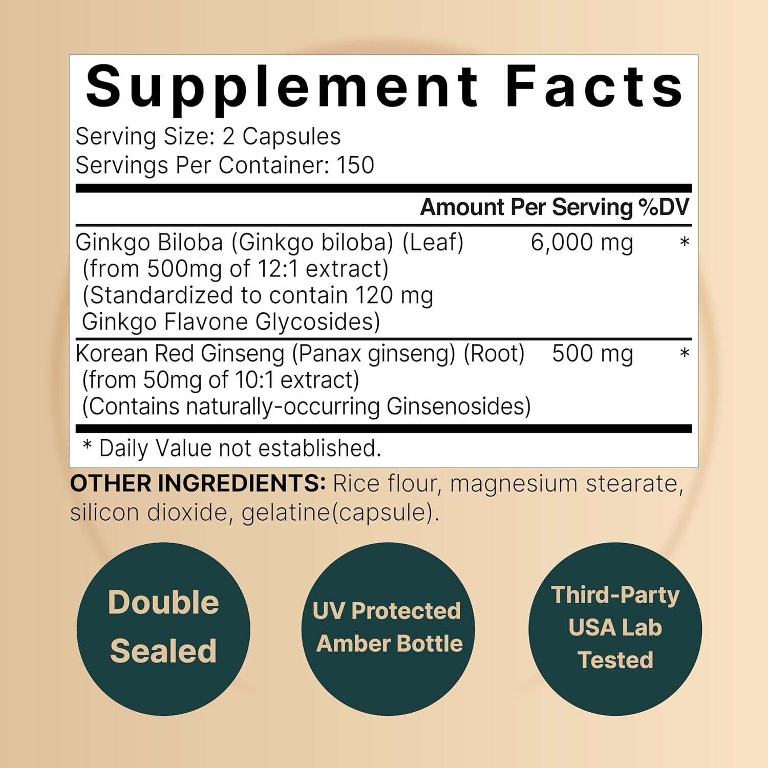 Ginkgo Biloba 6000mg w/ Red Panax Ginseng for Memory Focus Brain Health 300 Caps