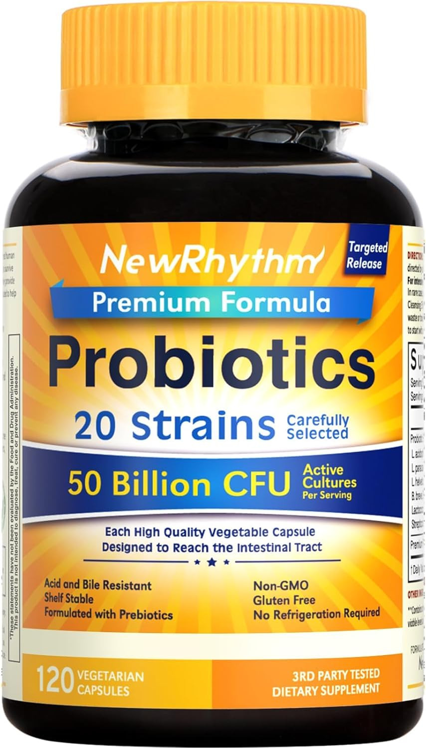 Newrhythm Probiotics 50 Billion CFU 20 Strains, 120 Veggie Capsules, Targeted Re