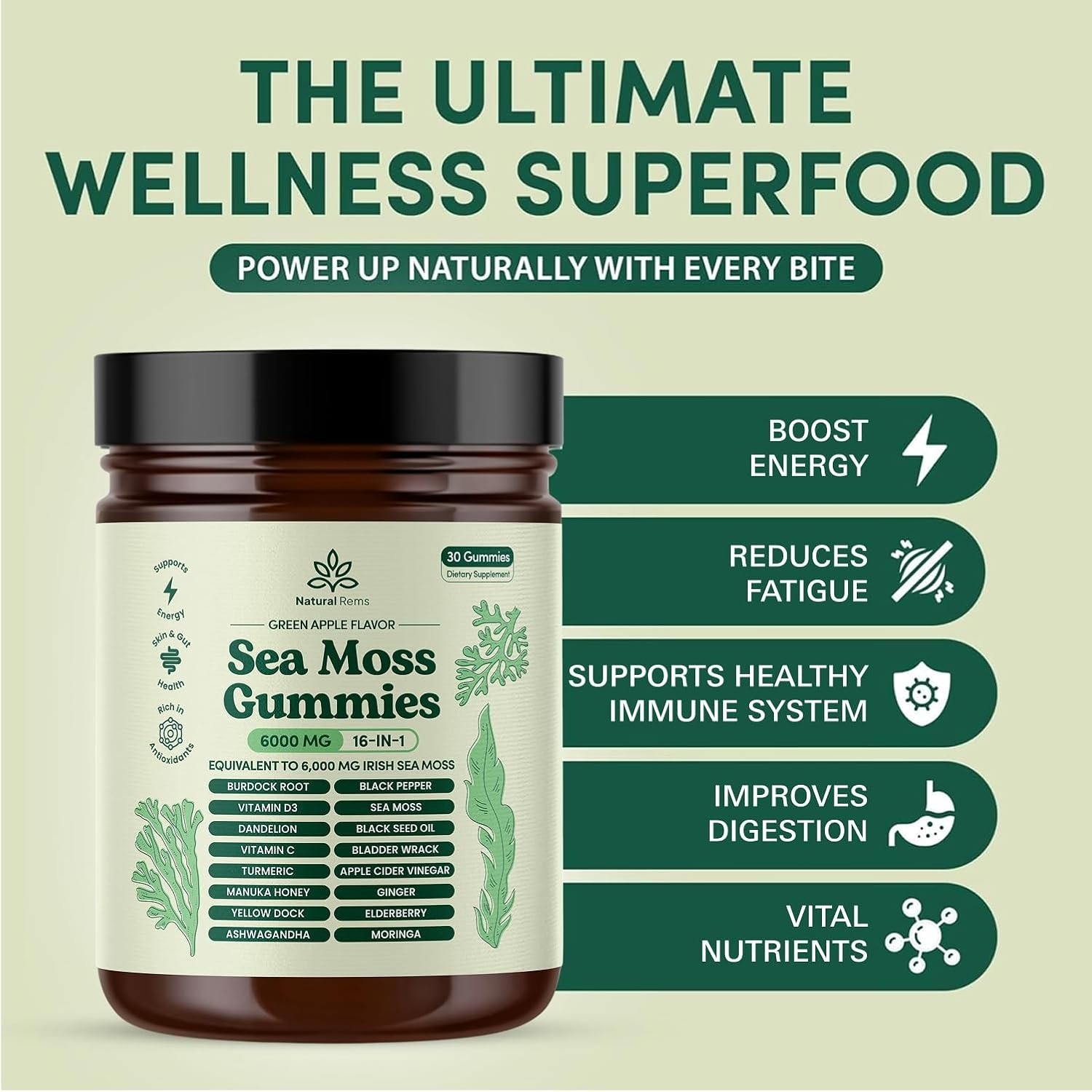 Natural Rems Sea Moss Gummies 16-in-1 w/ Ashwagandha Black Seed Green Apple