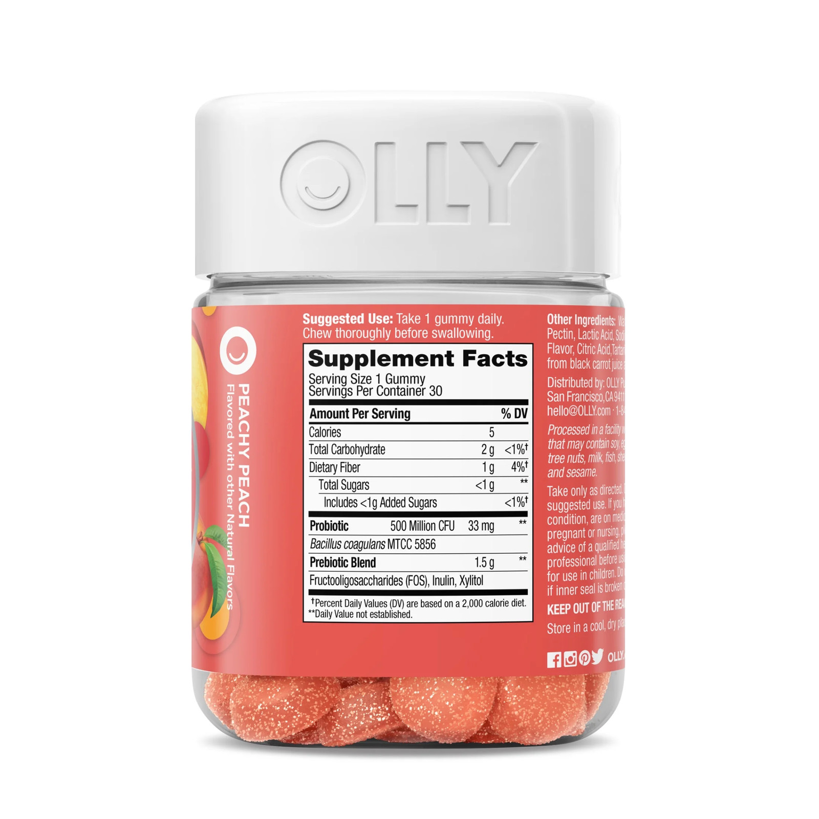 Probiotic + Prebiotic Fiber Gummy,Digestive + Gut Health Supplement,Peach, 30 Ct