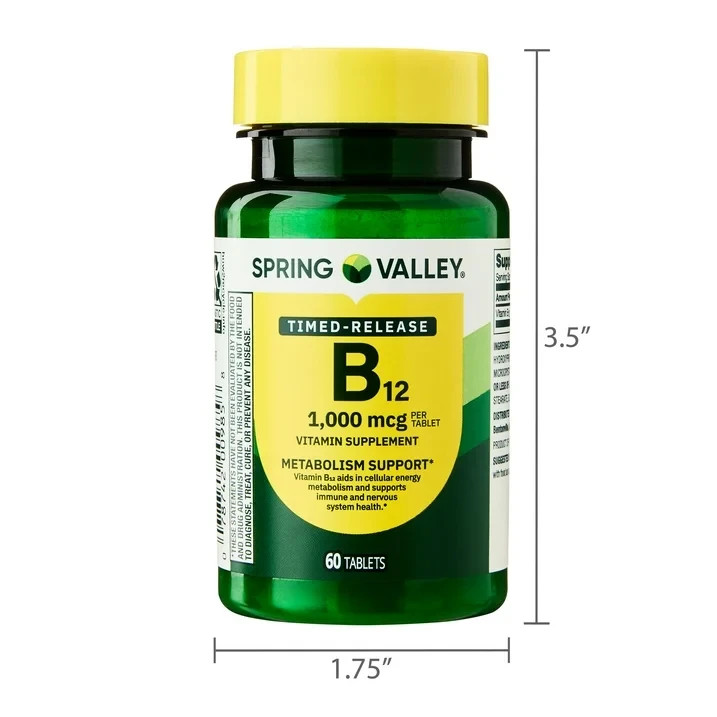 Spring Valley Vitamin B12 1000 mcg Timed-Release Tablets – 60 Count or 300 Count