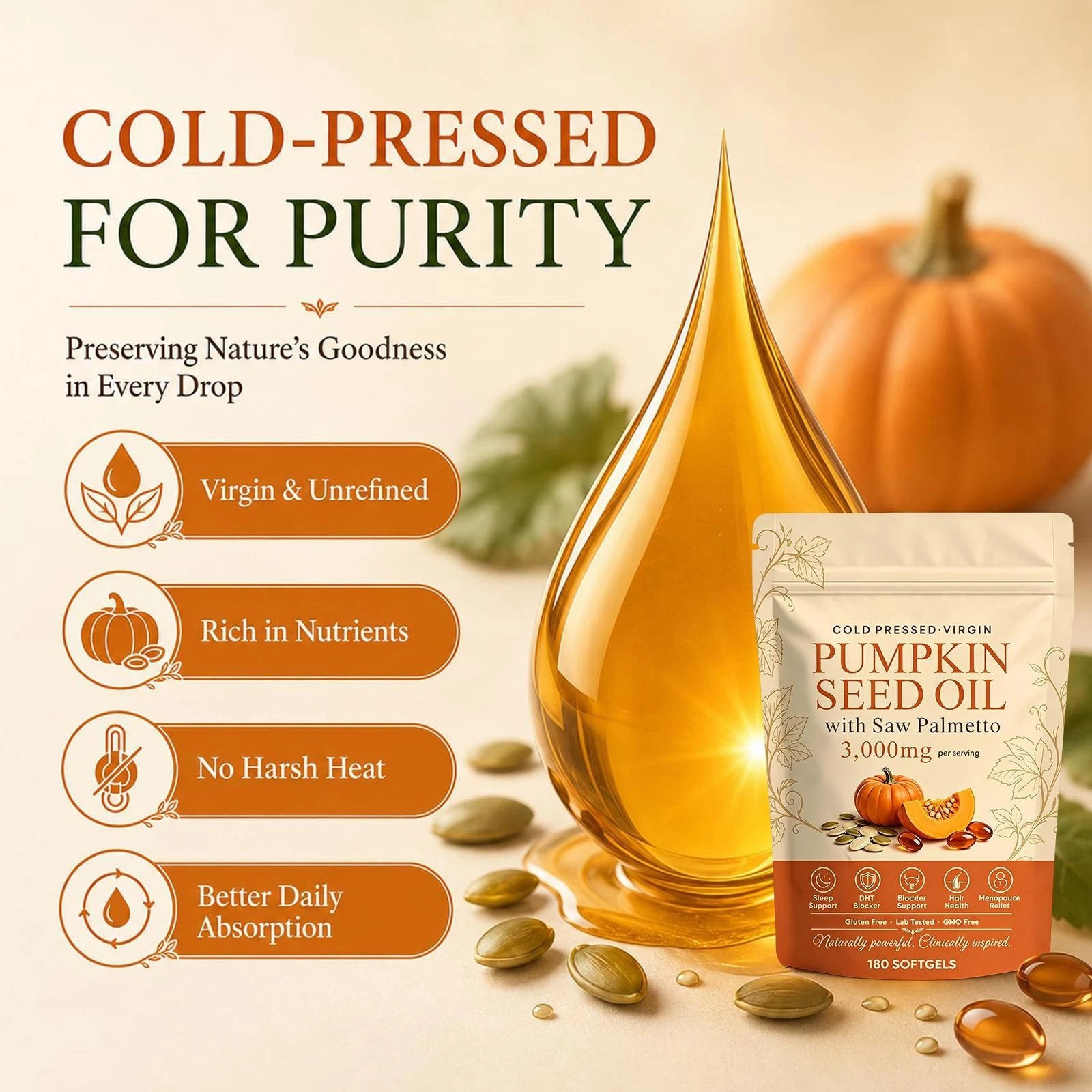 Everly Pumpkin Seed Oil with Saw Palmetto 300 Softgels Cold Pressed Pumpkin