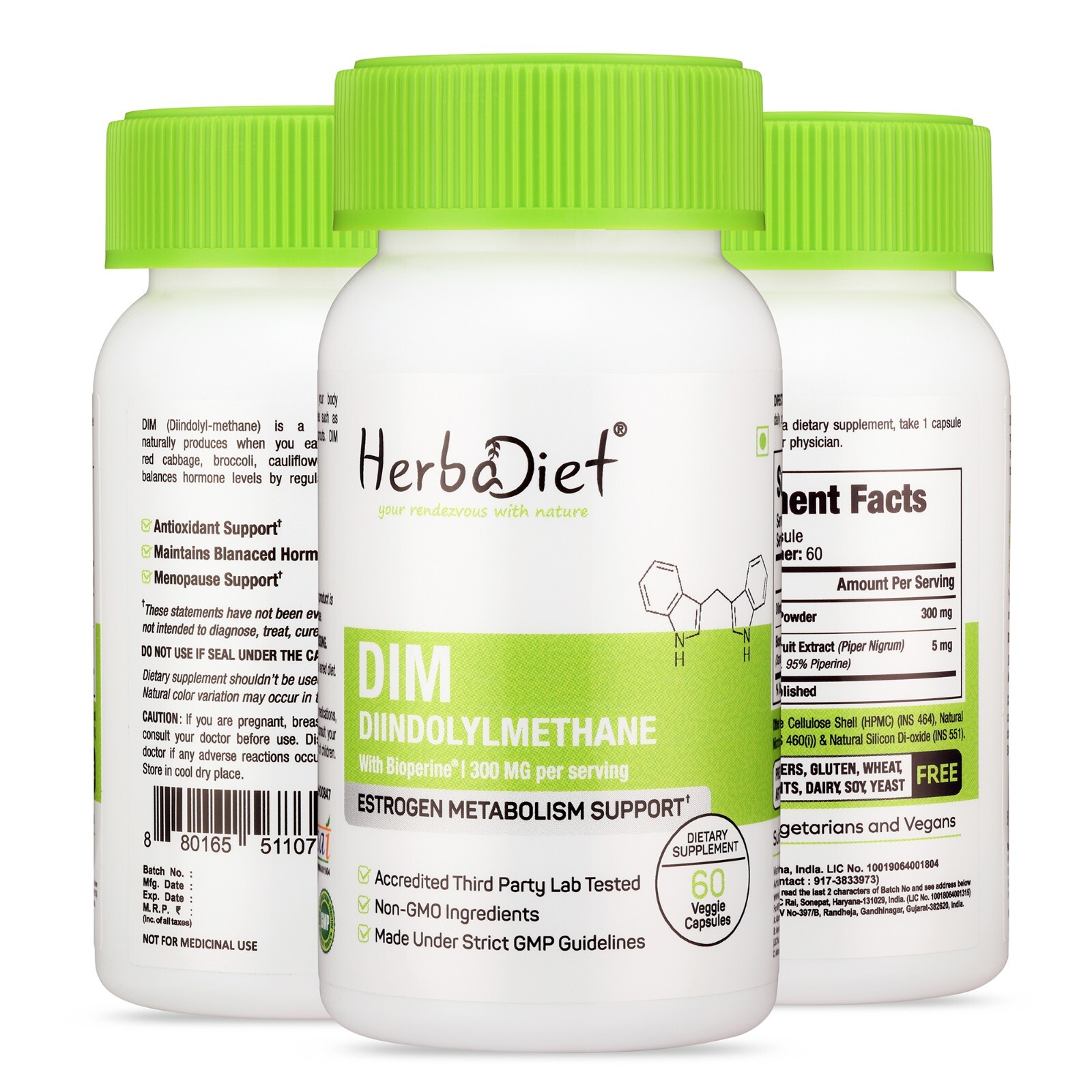 DIM Supplement Capsules Diindolylmethane 300mg with Bioperine Vegan