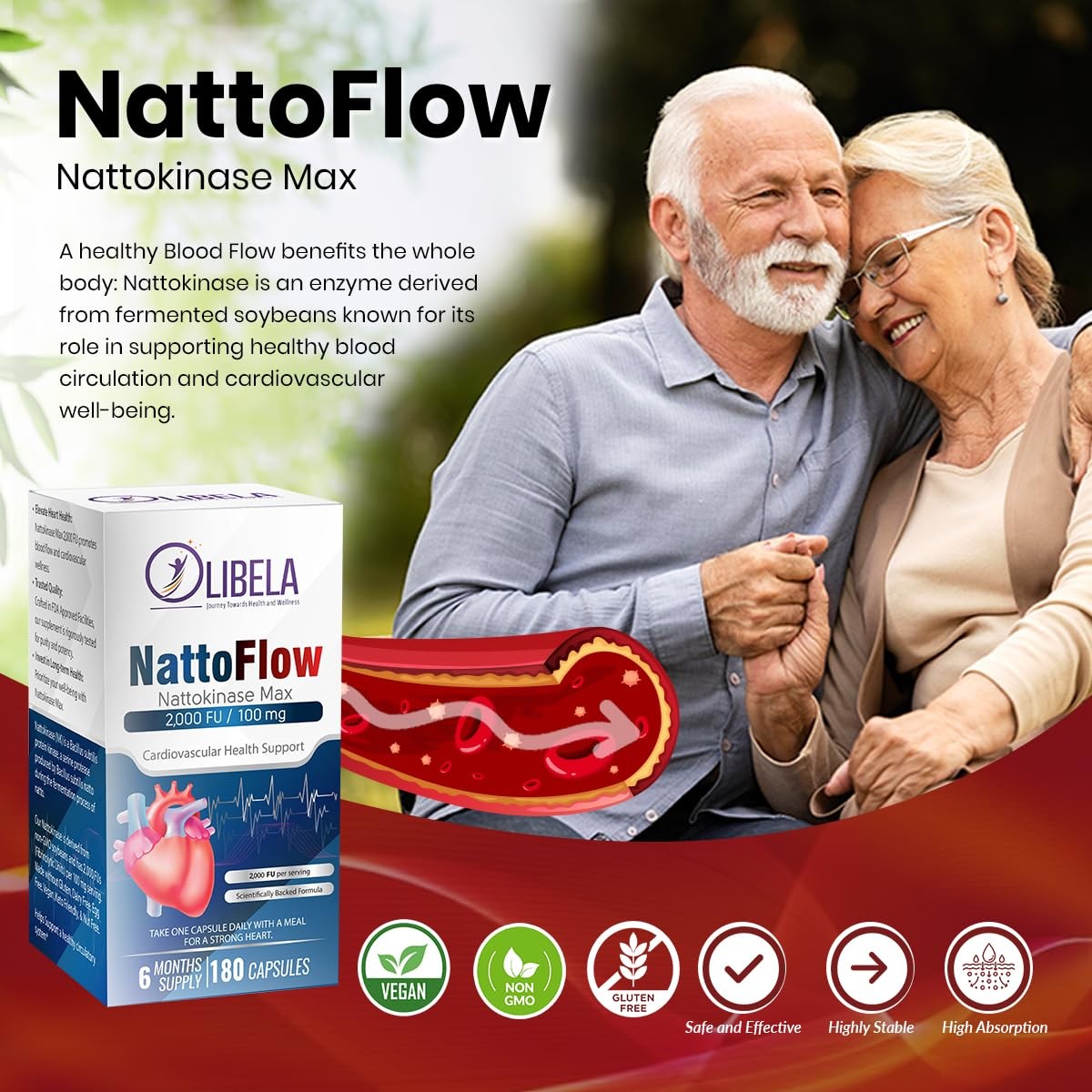 OLIBELA Nattokinase 4,000 FU 180 Capsules 180 Count (Pack of 1), Neutral