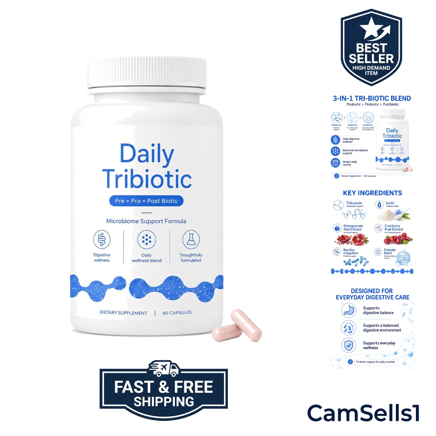 Daily Tribiotic Capsules, Probiotic, Prebiotic & Postbiotic Blend, 60 Count