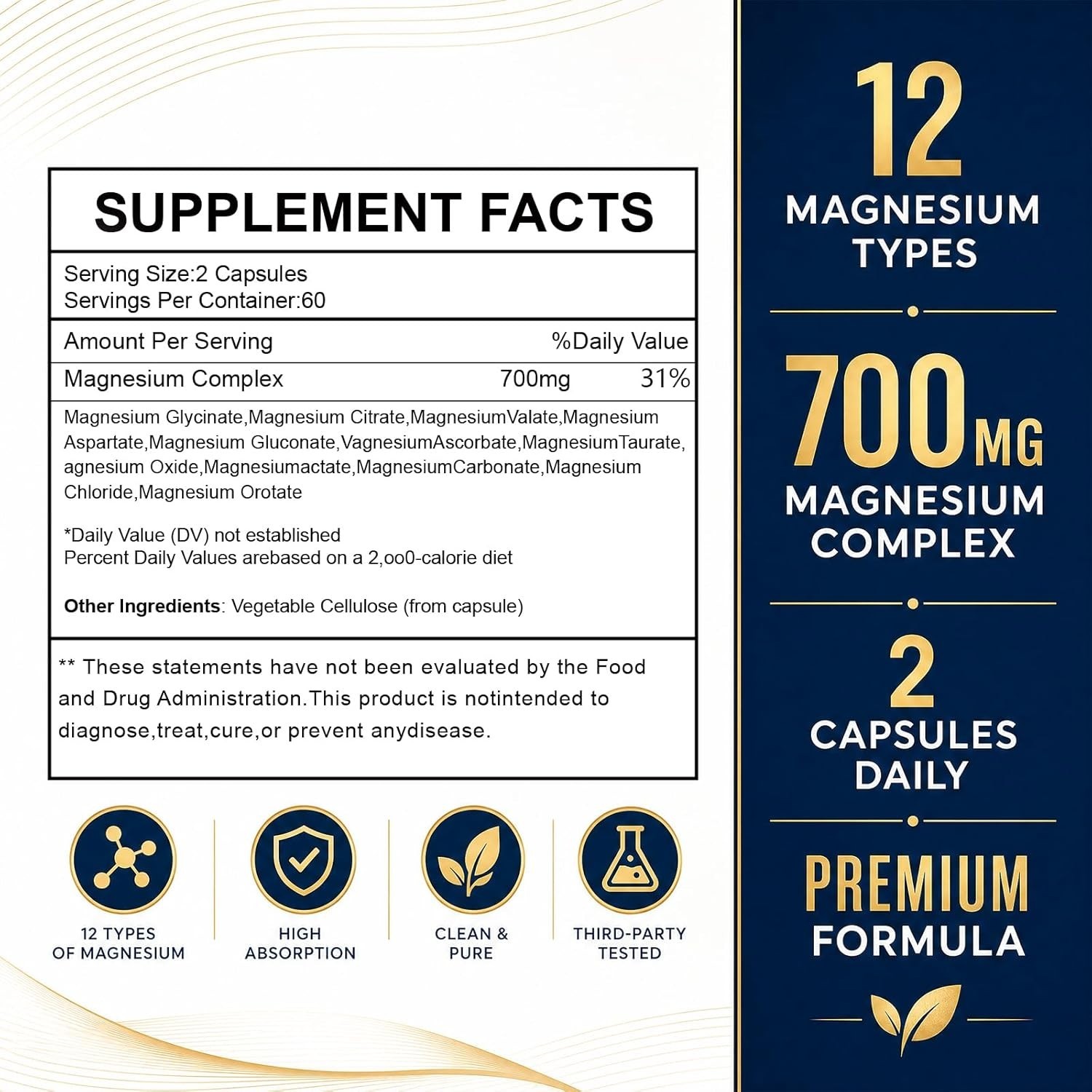 Magnesium Complex 700mg | 12-in-1 High Absorption Supplement | Glycinate, Citrat