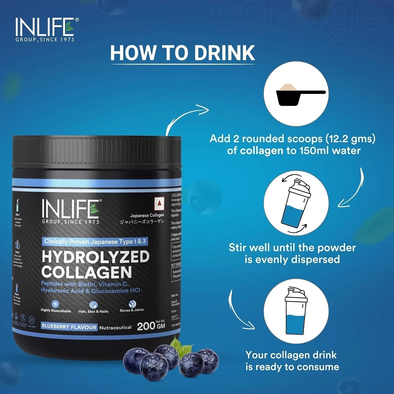 INLIFE Japanese Collagen Powder Biotin & Hyaluronic Acid (Blueberry, 200g) i068