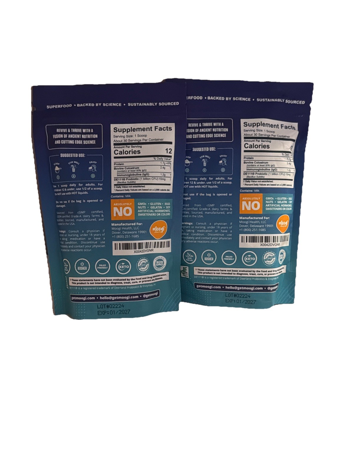 LOT OF TWO Grass Fed Bovine Colostrum Supplement Powder with DE111 Probiotics