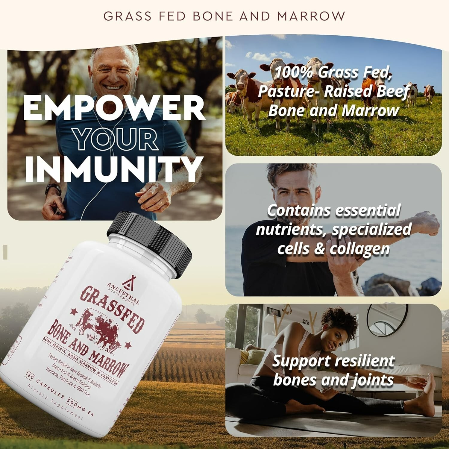 Ancestral Supplements Grass Fed Beef Bone and Marrow Supplement, 3000mg – 180 CT