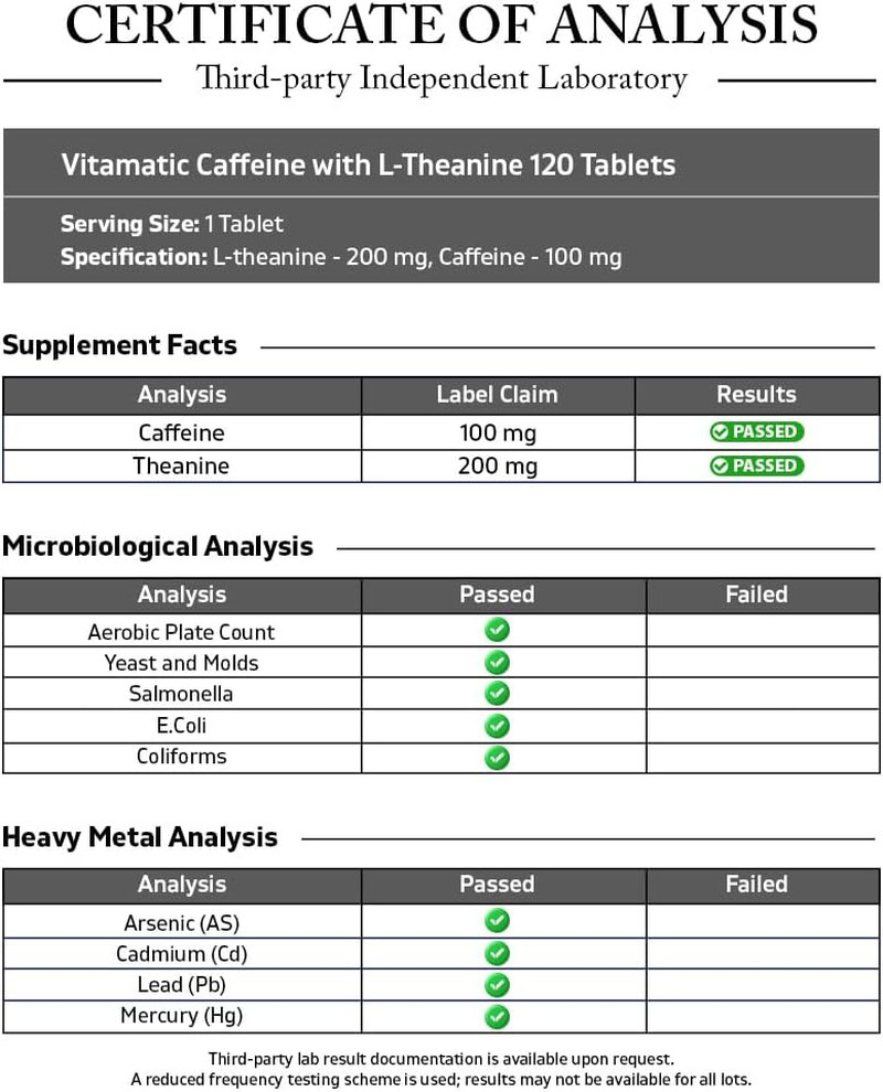 Vitamatic L-Theanine 200 mg with Caffeine 100 mg, 120 Tablets | Promote Calm Foc