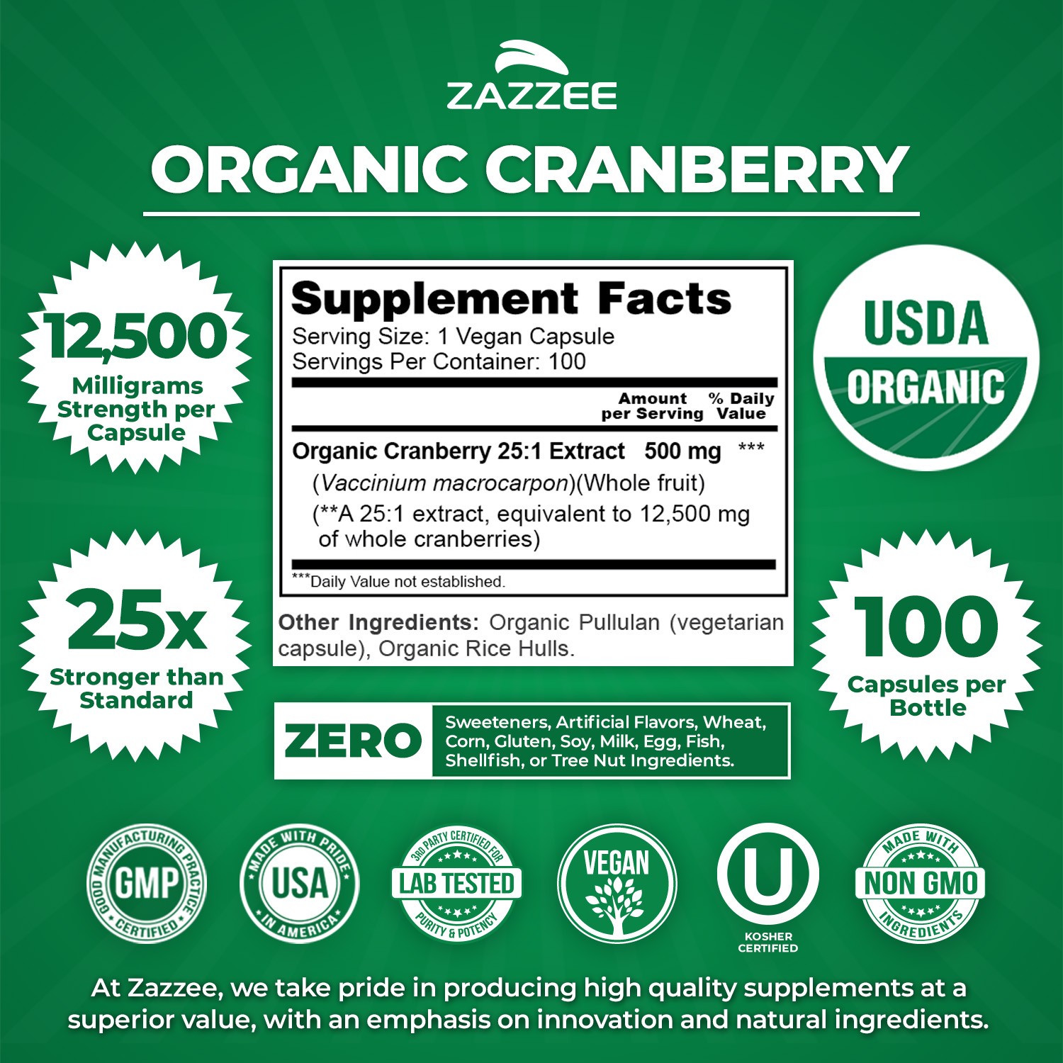 USDA Organic Cranberry Extract 12,500 mg Strength 100 Veggie Caps 25:1 Extract