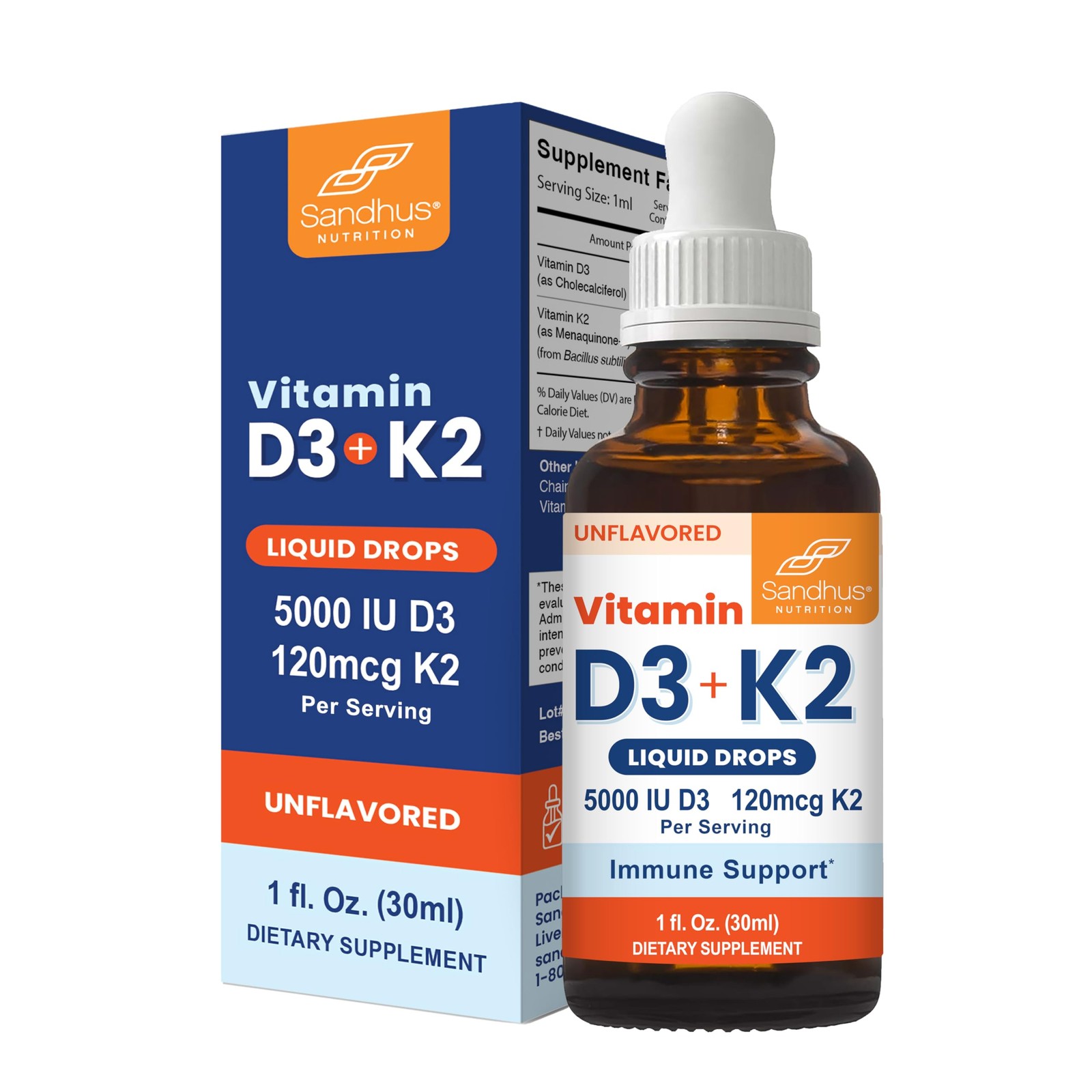 Sandhu’s Vitamin D3 K2 Drops for Adults | 5000 IU 1 Fl Oz (Pack of 1)