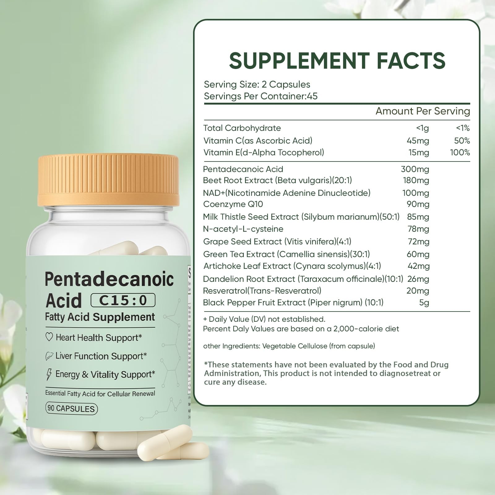 Pentadecanoic Acid Capsules, C150 Fatty Acid Supplement – Pure PlantBased Ess…