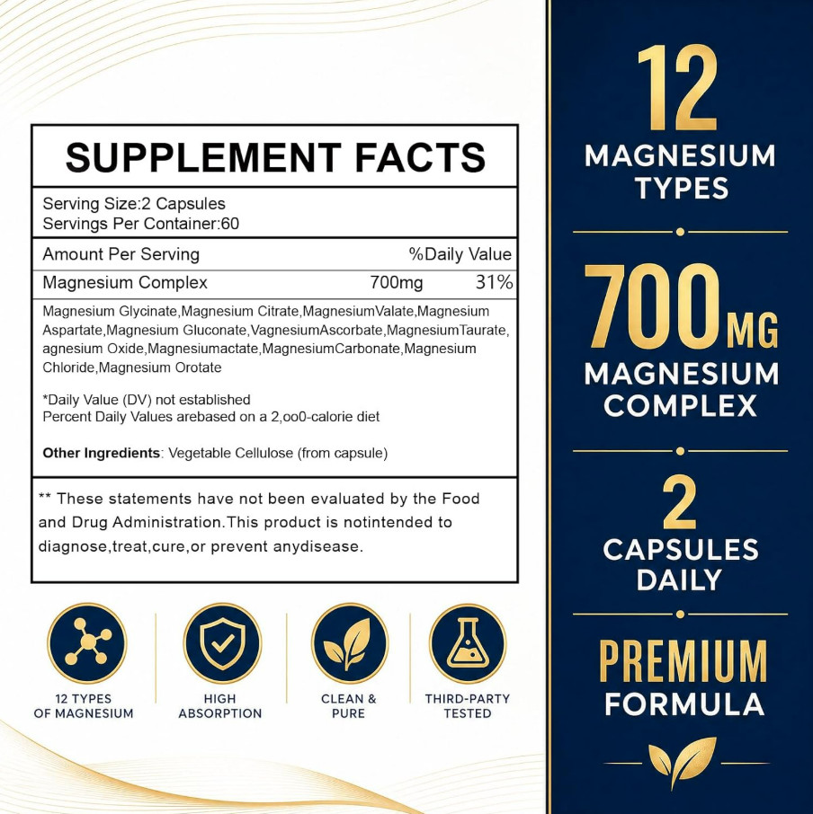 Magnesium 12-in-1 Complex 700mg Glycinate Citrate Taurate 120 Capsules Vegan