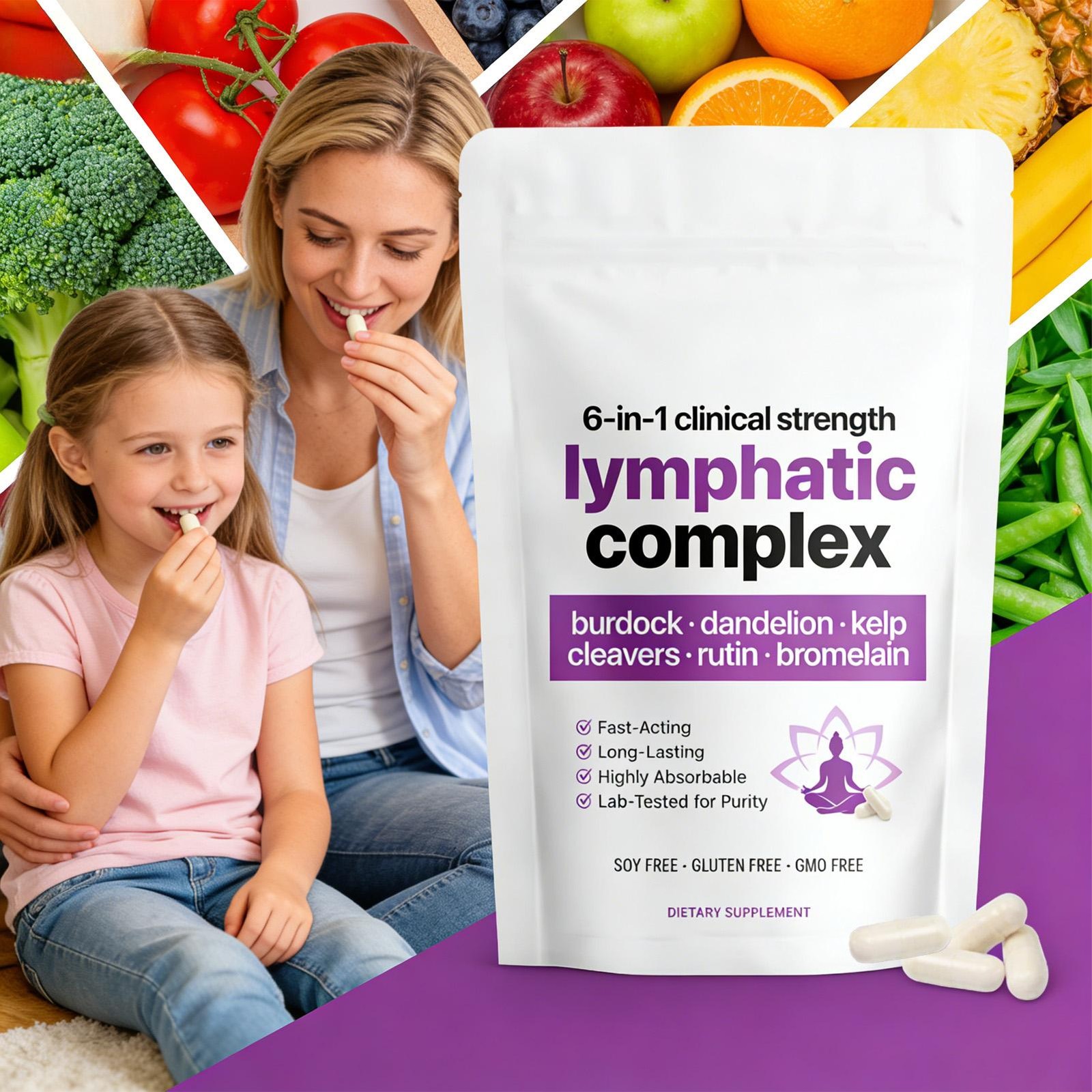 6-in-1 LYMPHATIC Complex Drainage Supplement Dandelion Burdock Bromelain Kelp