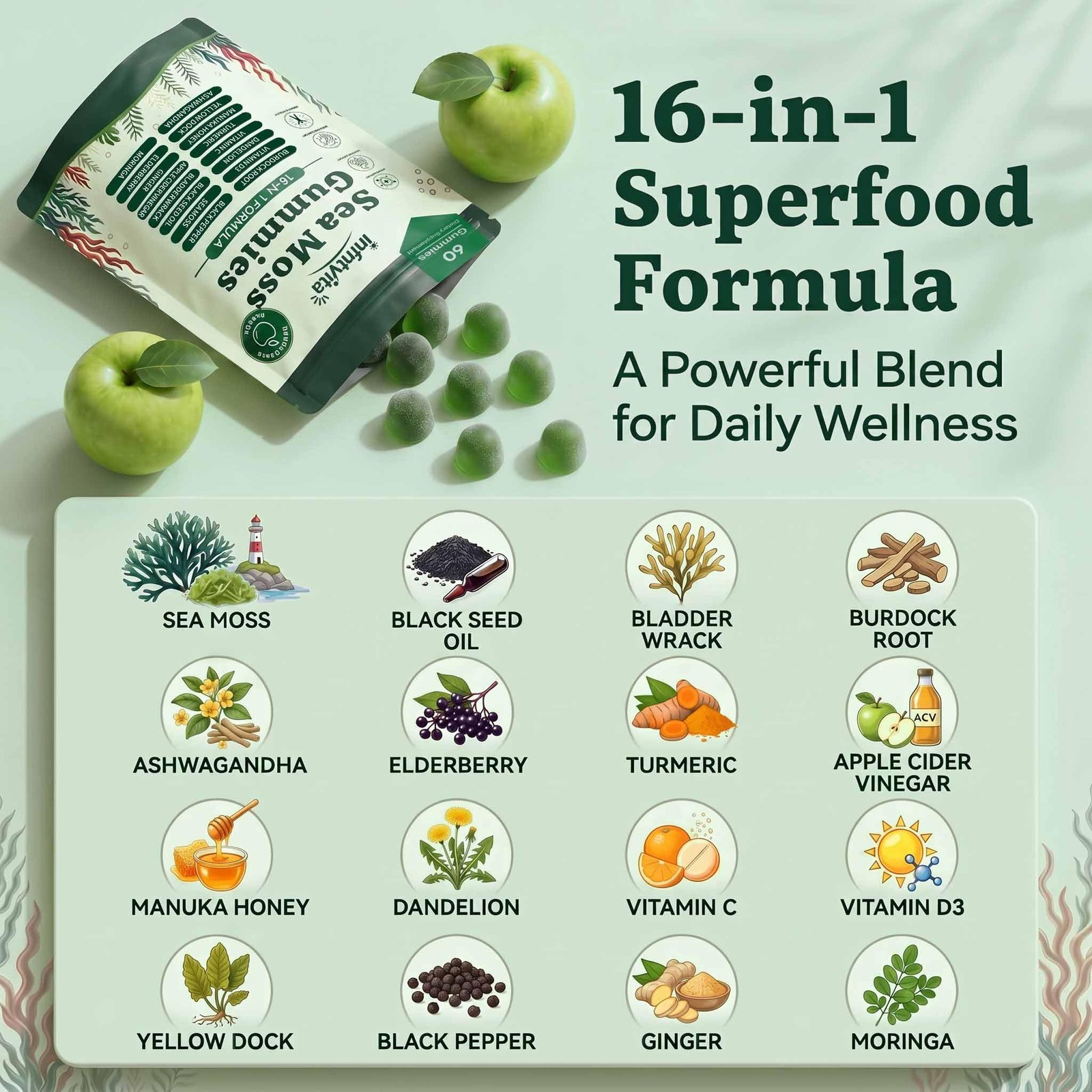 YALGET Sea Moss Gummies 16-in-1 with Ashwagandha, Black Seed Oil, Ginger, Tur…