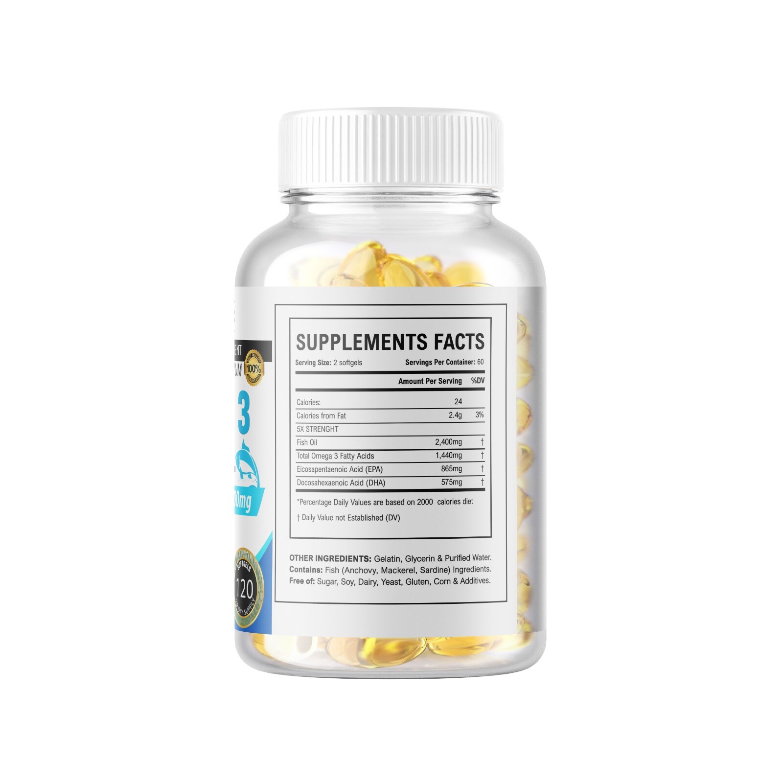 Omega 3 Fish Oil Softgels 3x Strength 2400mg EPA & DHA Highest Potency 3 Bottle