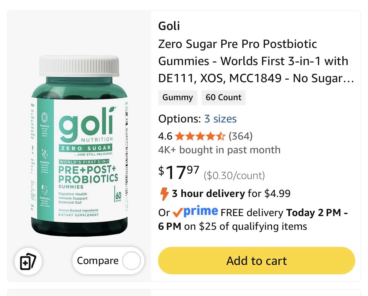 2pack Goli Nutrition Worlds First 3-in-1 Pre+Post+Probiotics Gummies 120 Gummies