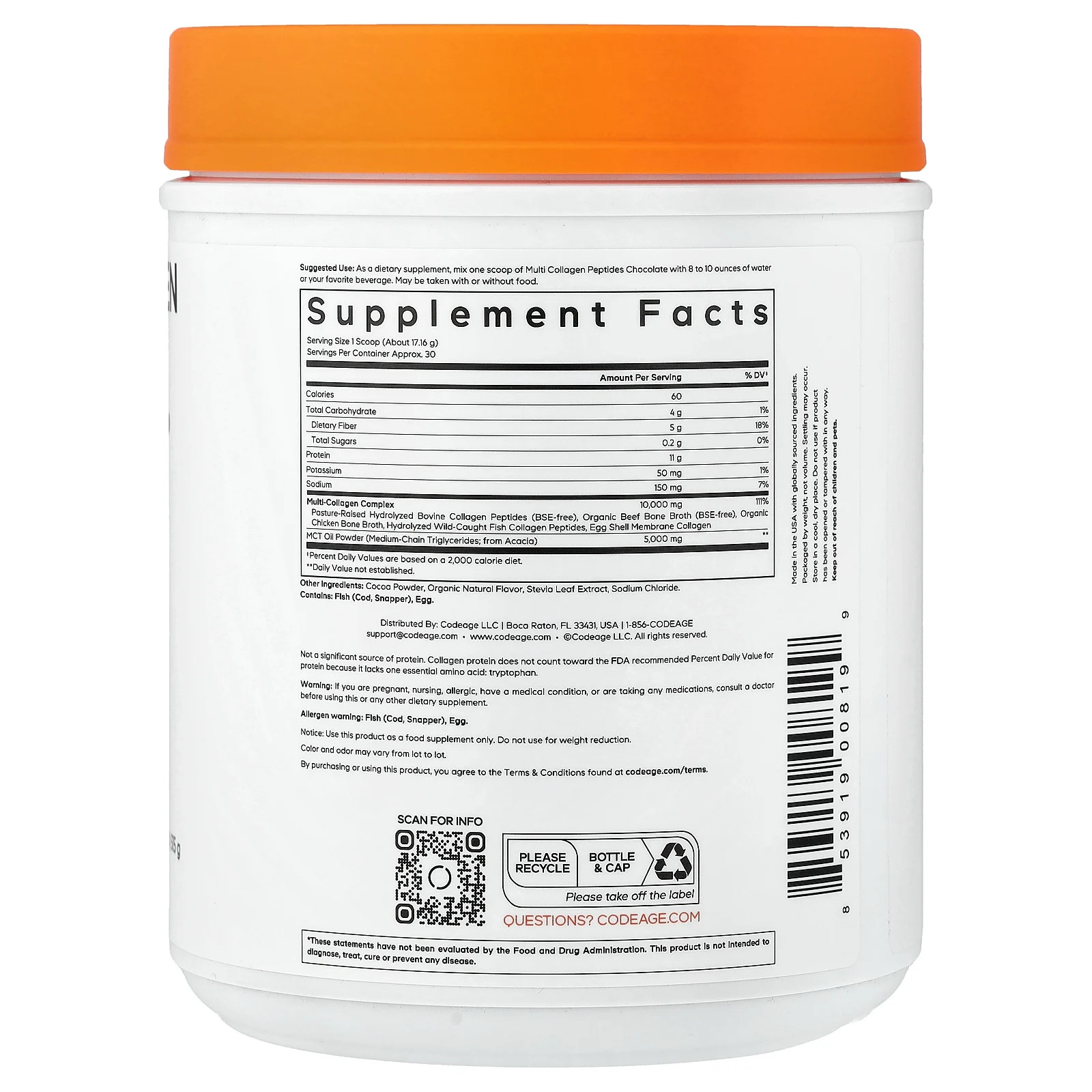 Multi Collagen Peptides, 5 Types Collagen I, II, III, V & X, Chocolate, 18.17 oz