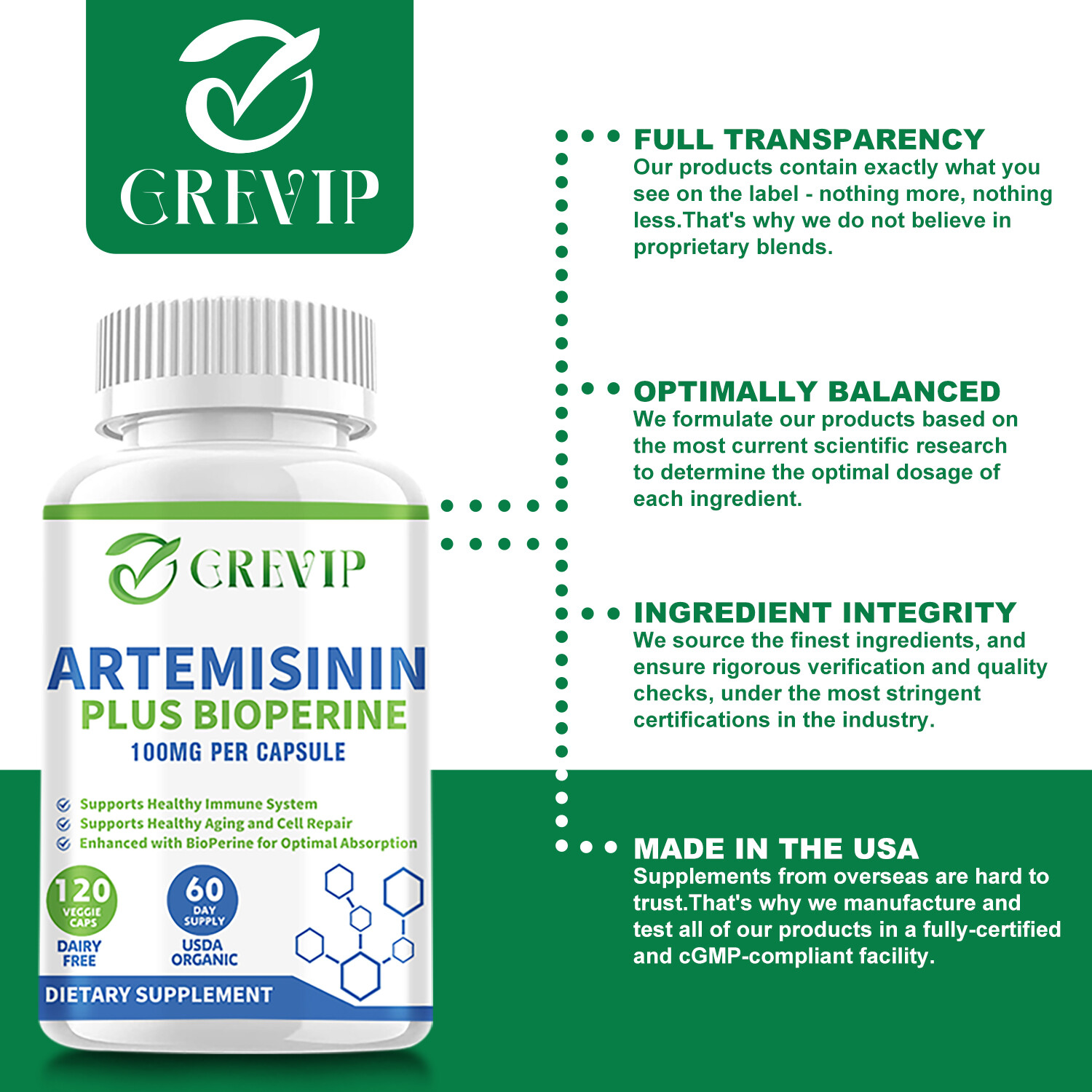 120pcs Artemisinin 100mg-Sweet Wormwood,BioPerine-Gut Health,NON-GMO,Gluten-Free