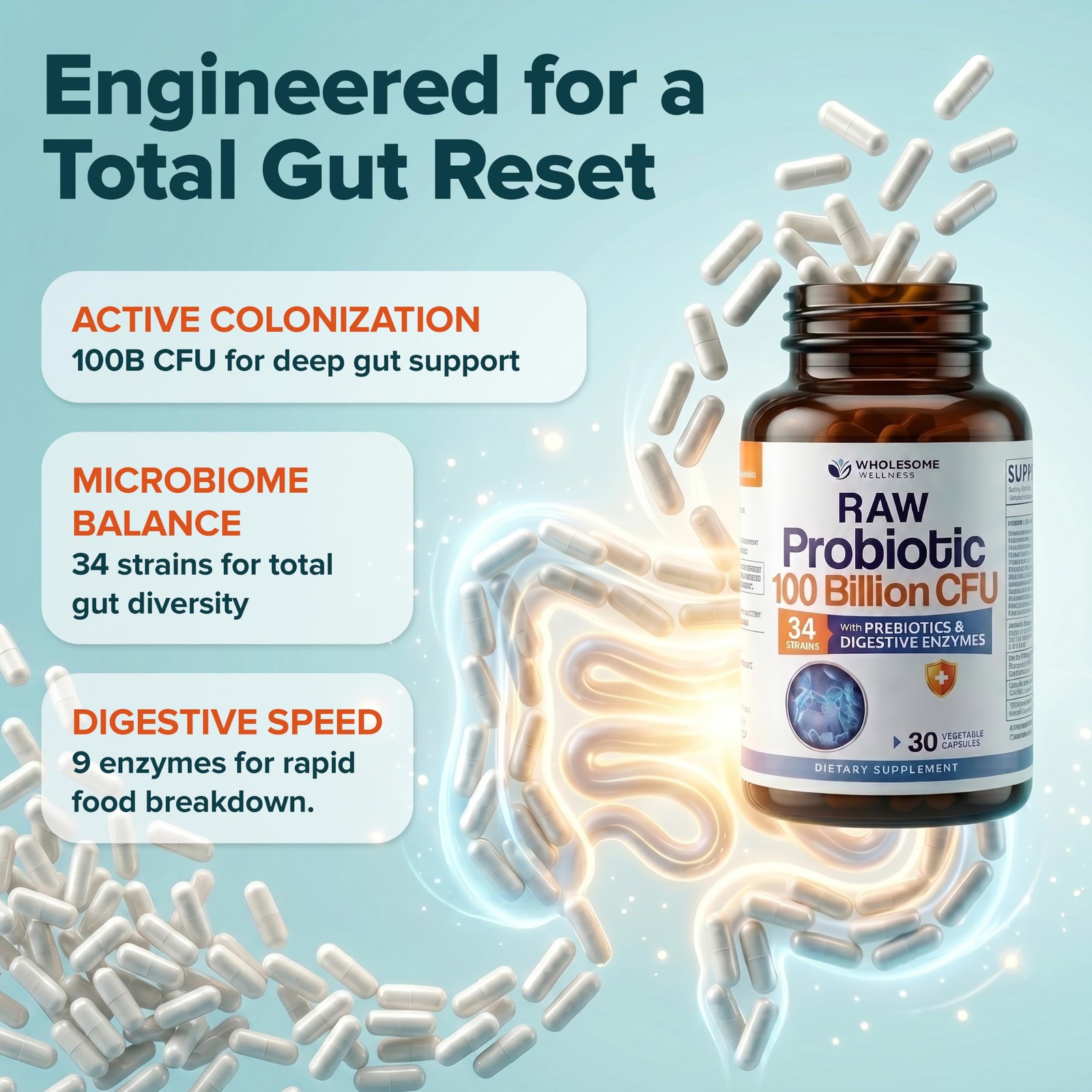 Wholesome Wellness Organic Raw Probiotics 100 Billion 30 Count (Pack of 1)