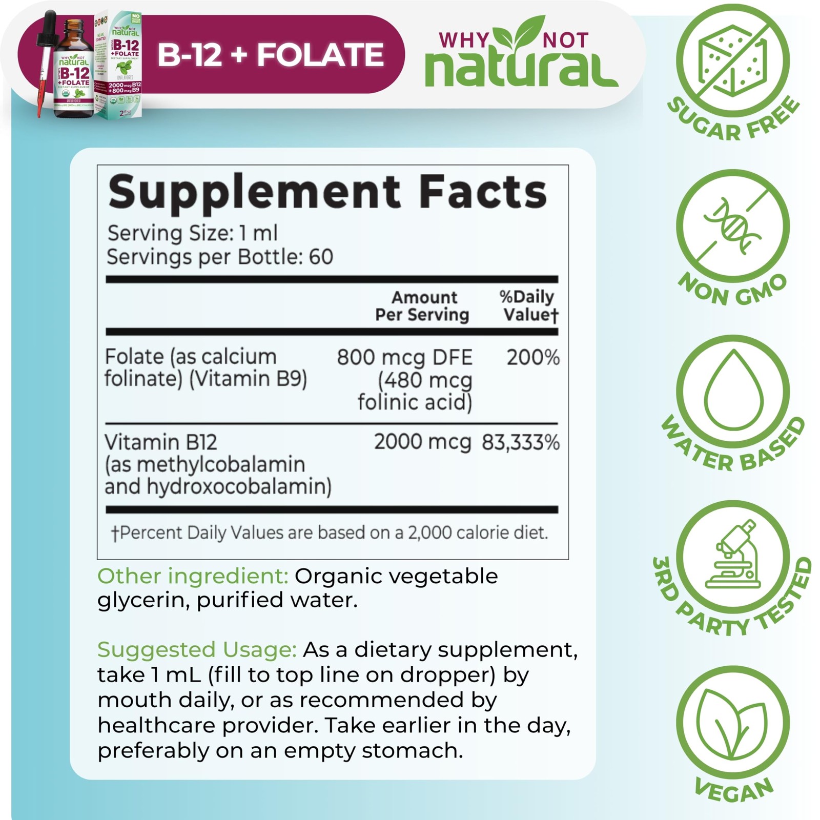 Why Not Natural Vitamin B12 Liquid Plus Folate – 2 Fl Oz (Pack of 1), Red