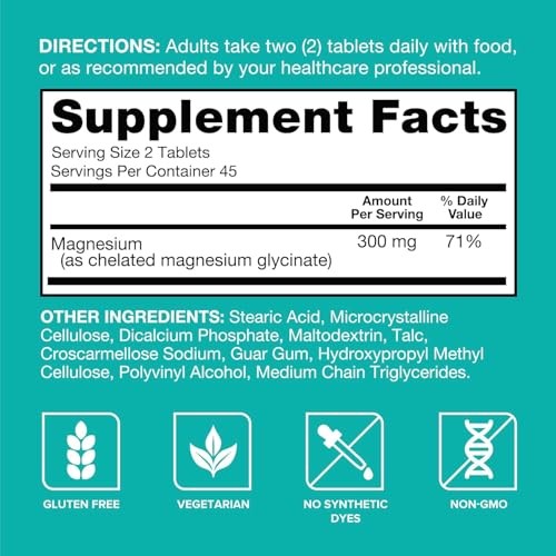 Qunol Magnesium Glycinate 300mg 90ct Chelated Tablets Nerve Bone Muscle Health