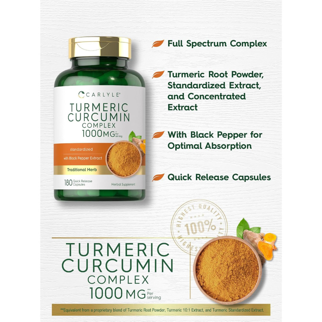 Turmeric Curcumin with Black Pepper 1000mg | 180 Capsules | Free & Fast Delivery