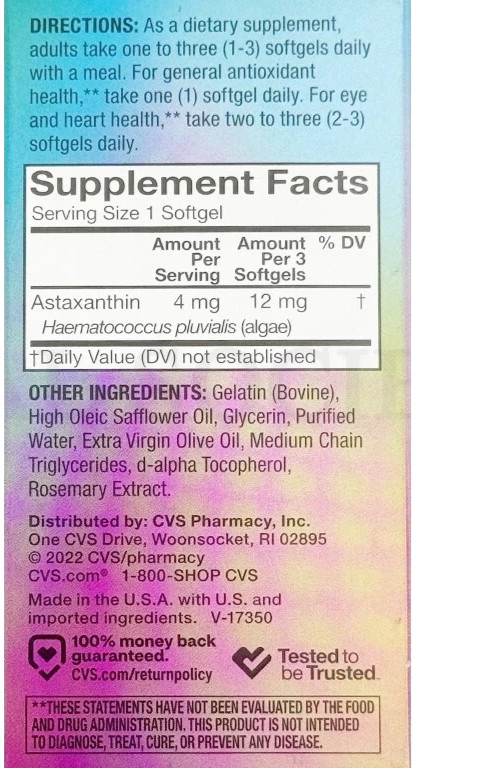 CVS Health Easy To Swallow Astaxanthin 4mg 30 Count Each Lot of 3 EXP 08/26