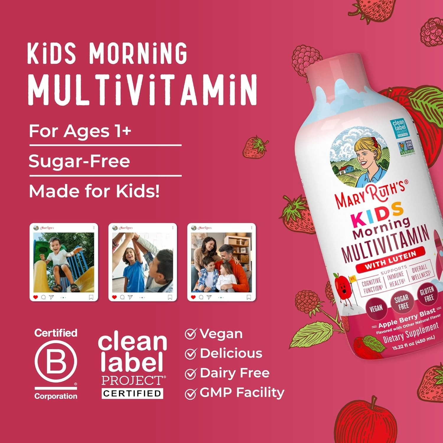 MaryRuth’s Kids Liquid Morning Multivitamin Apple Berry 15.22oz Vegan Sugar-Free