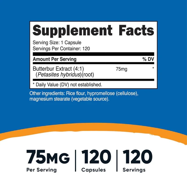 Nutricost Butterbur Extract (75mg) 120 Caps- GF & Non GMO – EXP 06/2026