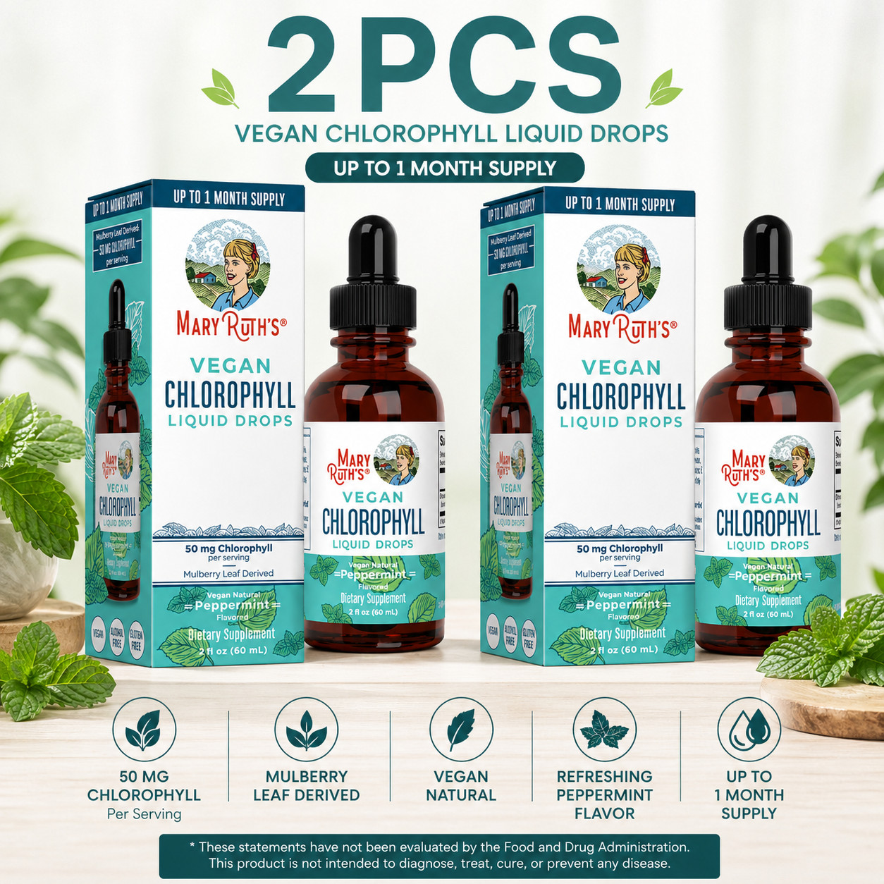 Mary Ruth’s VEGAN Chlorophyll Liquid Drops Peppermint Flavored 4 Fl Oz (120ml)