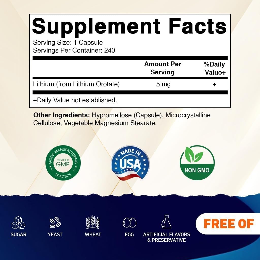 Vitamatic Lithium Orotate 5mg, 240 Veggie Capsules, Non-GMO, Gluten Free!!!