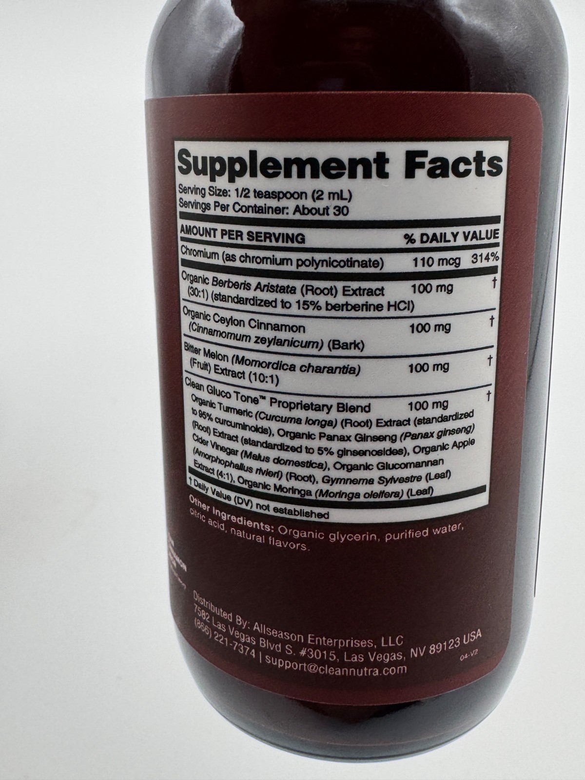 Clean Nutra Gluco Tone Berberine Ceylon Cinnamon Chromium Liquid Drops 2oz