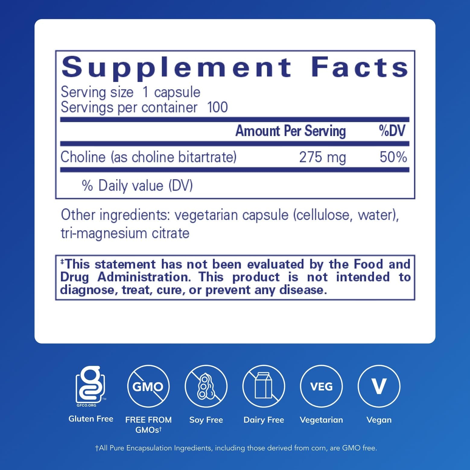Pure Encapsulations Choline (Bitartrate) – 275 mg 100 Count (Pack of 1)