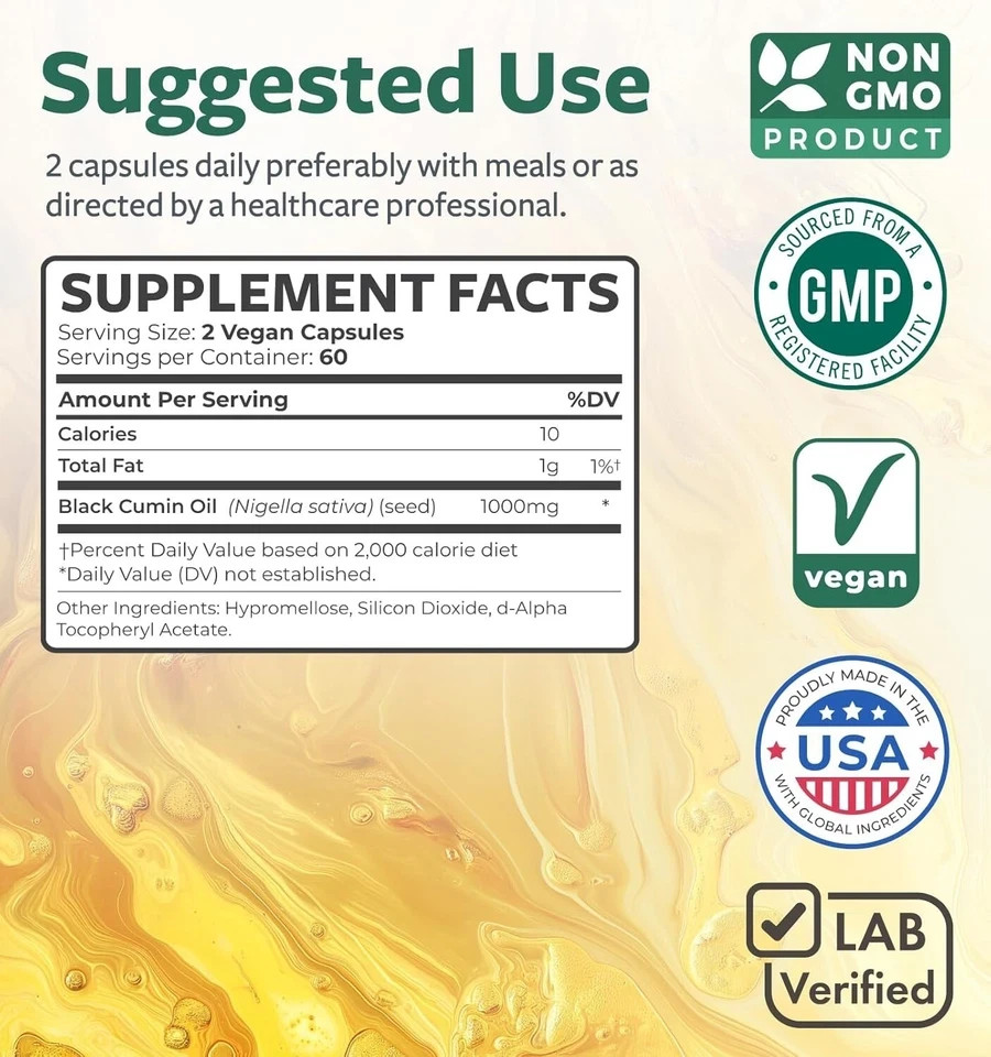Black Seed Oil 500mg Softgel Capsules Cold Pressed Nigella Sativa 120 Count