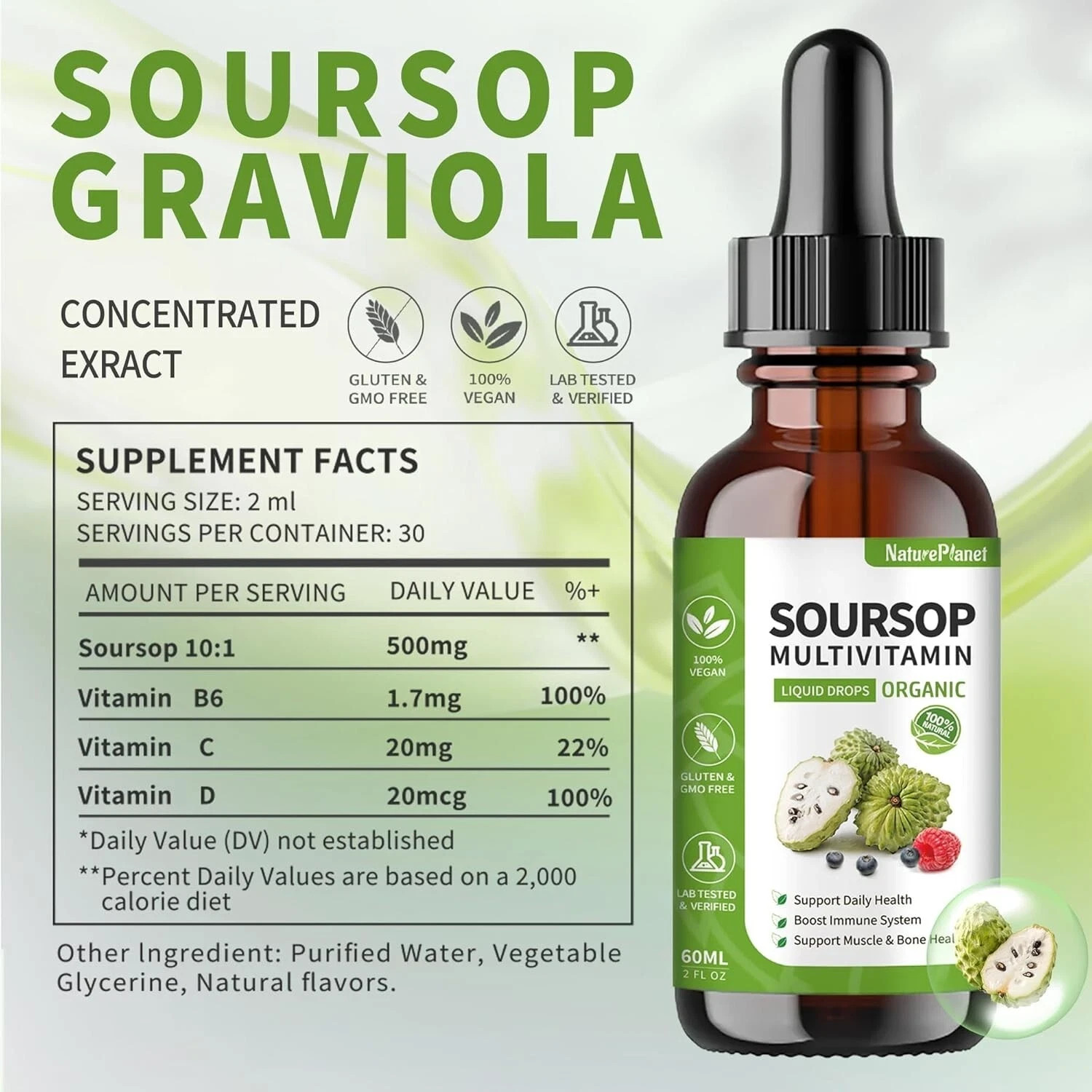 Soursop Multivitamin Liquid Drops, Bitters 2 Fl Oz (Pack of 1)