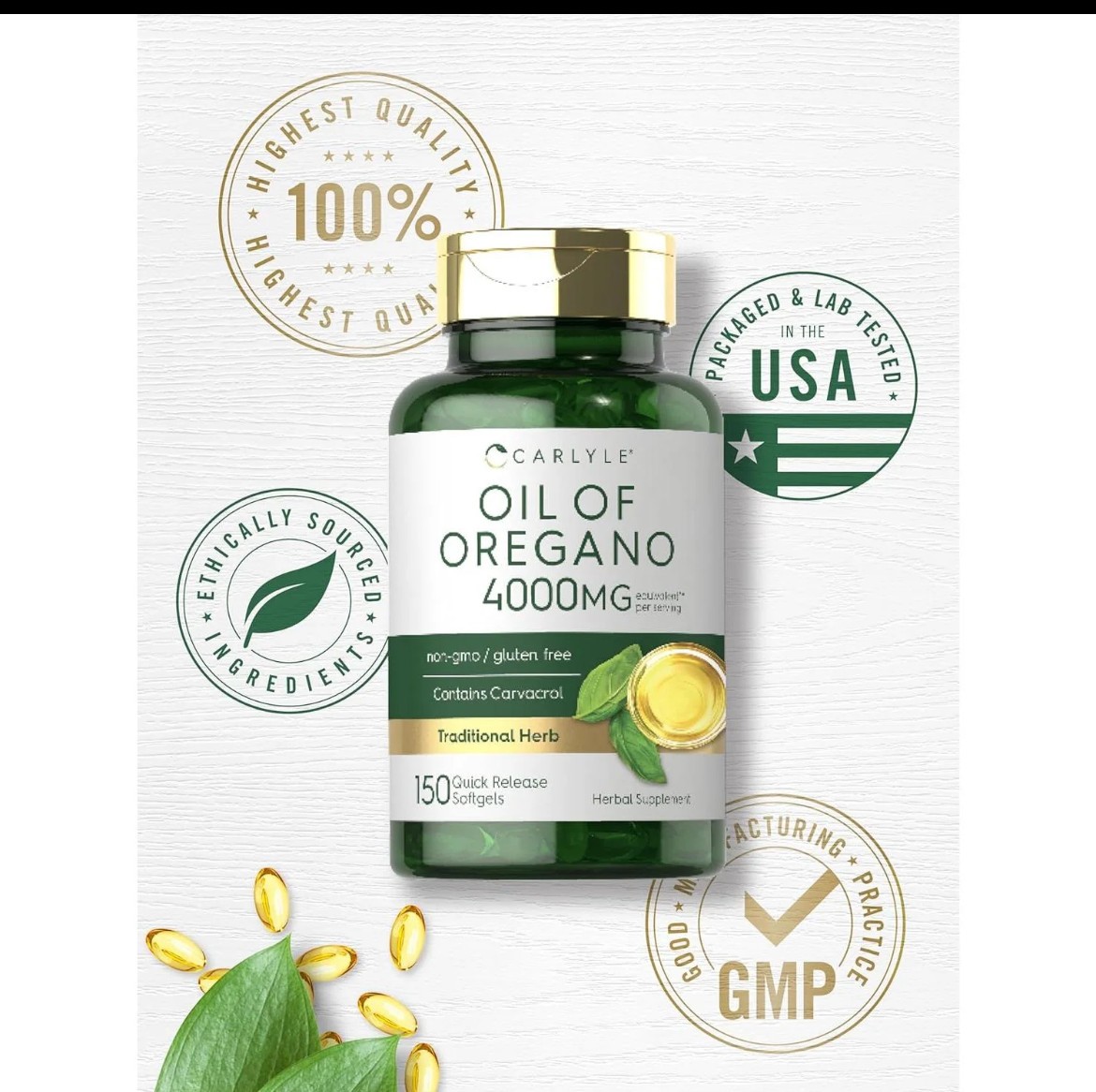 Carlyle Oregano Oil 4000Mg Supplement | 150 Softgel Capsules | Contain