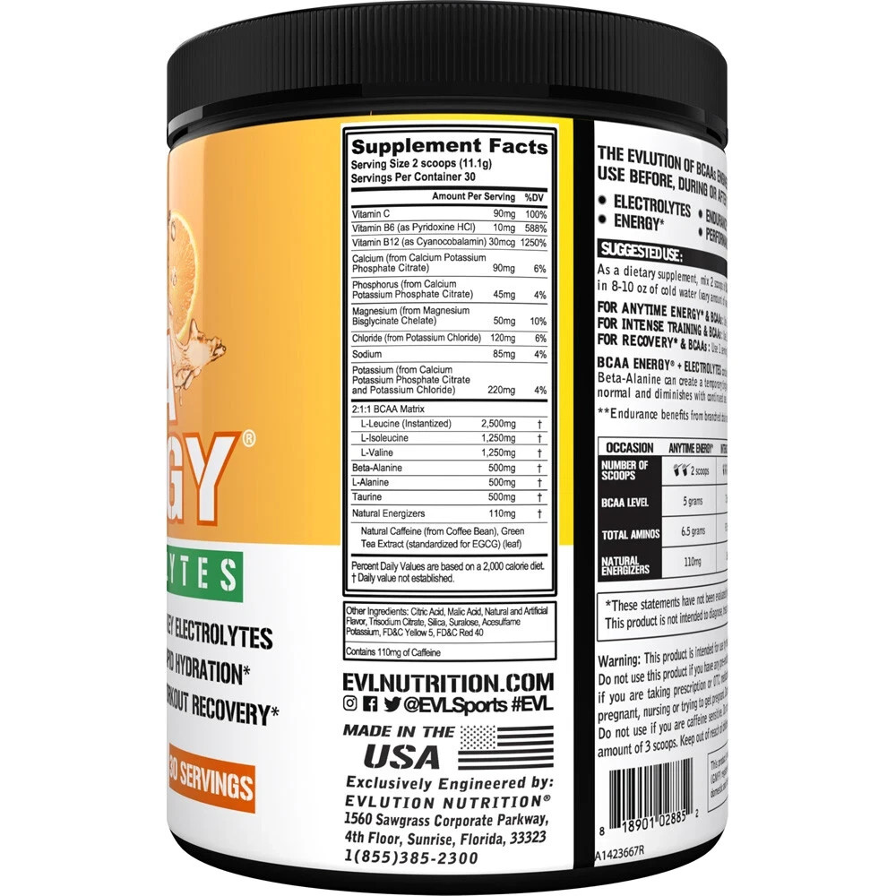 EVL BCAA Energy + Electrolytes: Energy Boosting Amino Acid Powder, Orange Mango