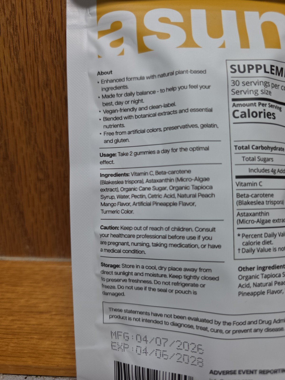 Tanning Gummies Beta Carotene Peach Mango Vegan 60 CT Astaxanthin Asuno