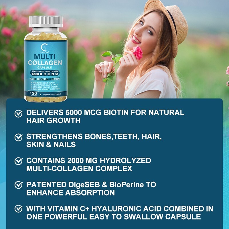 Collagen Peptides Types I, II, III, V, X 2000mg Pills Anti-Aging Skin Capsules