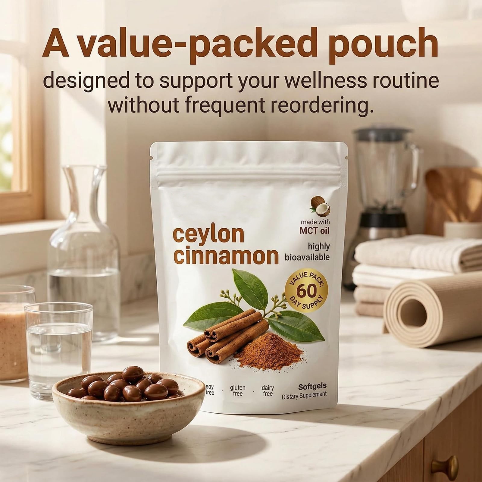 Dietary True Ceylon Cinnamon Softgels with MCT Oil 300 Count Elorita Supplement