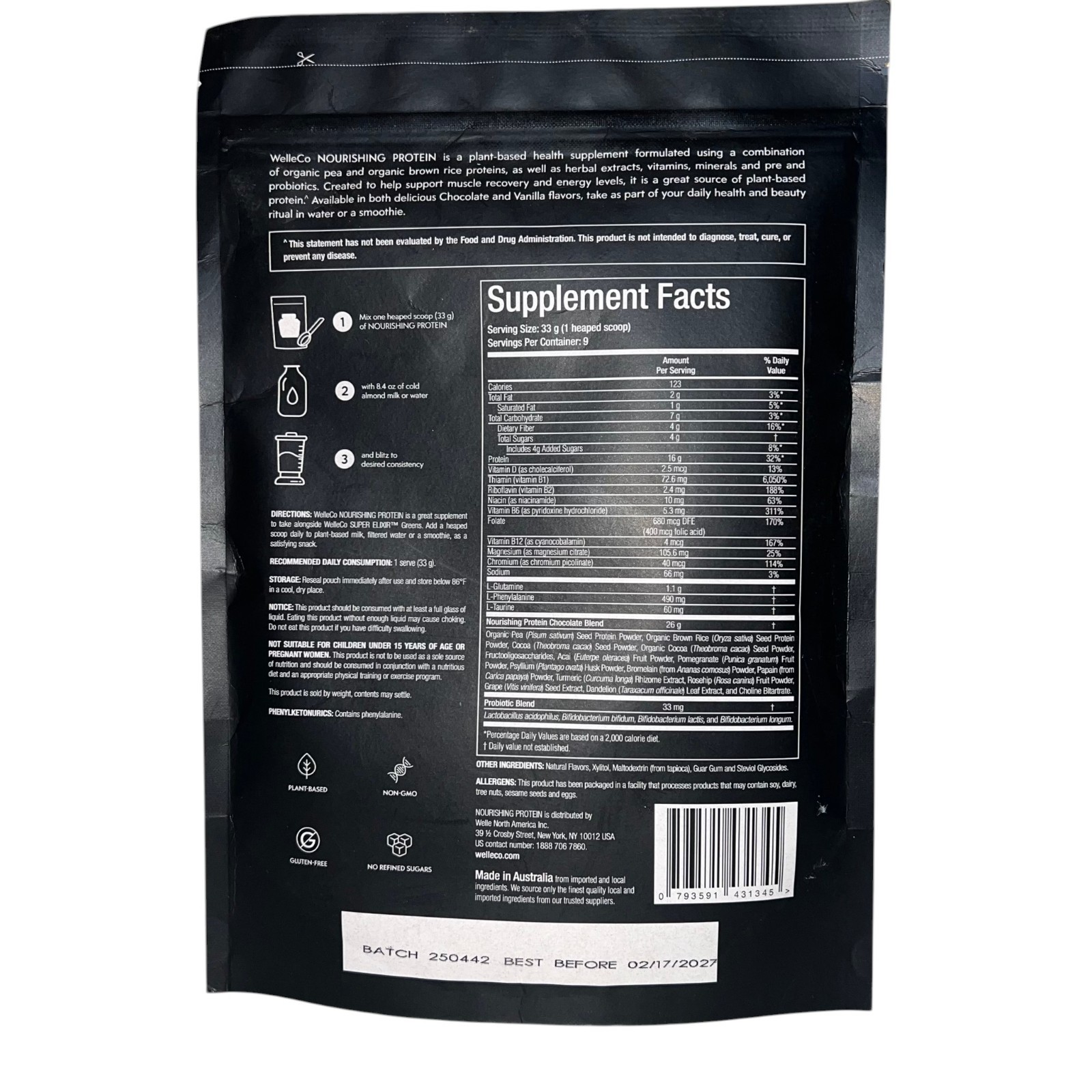WelleCo Nourishing Protein Chocolate 35.2oz 1kg Brown Rice & Pea BB 02/27 New